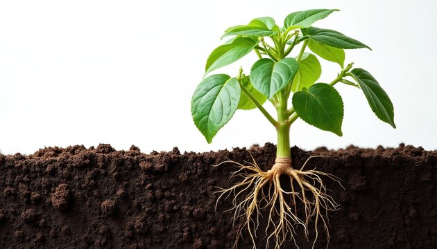 Closeup of soybean plant with roots in soil. Healthy growth, lush green foliage against white background. Agriculture project visual, botany detail. Organic farming, earth nurture.