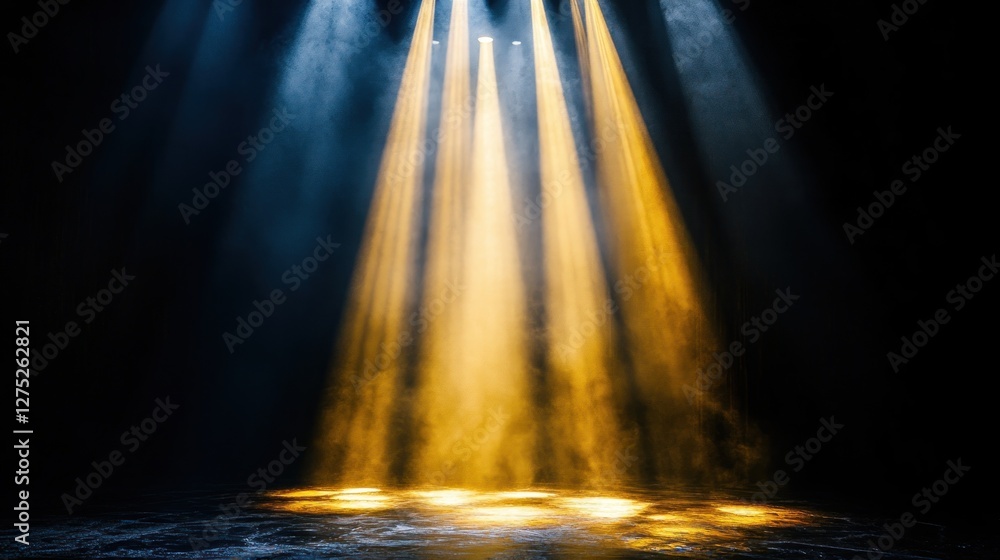 Poster dramatic stage lighting with beams of light and mist creating an atmospheric effect.