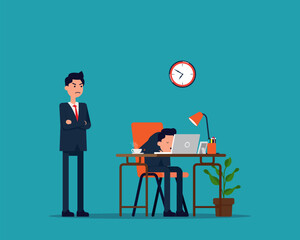 Tired. Boss watching of sleeping at work employee.
