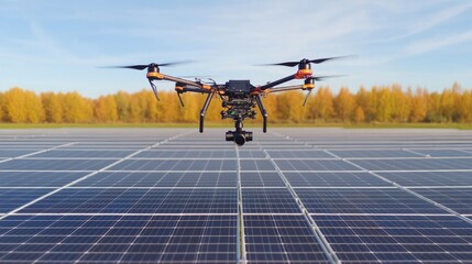 Drone Flying Over Solar Panel Field with Blue Sky Background