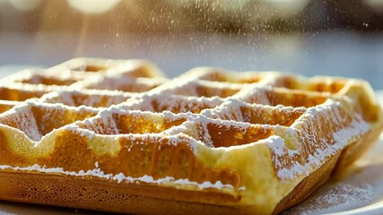Freshly made waffles topped with powdered sugar in golden morning light, Closeup of freshly made waffles with powdered sugar on top, sunlight in background