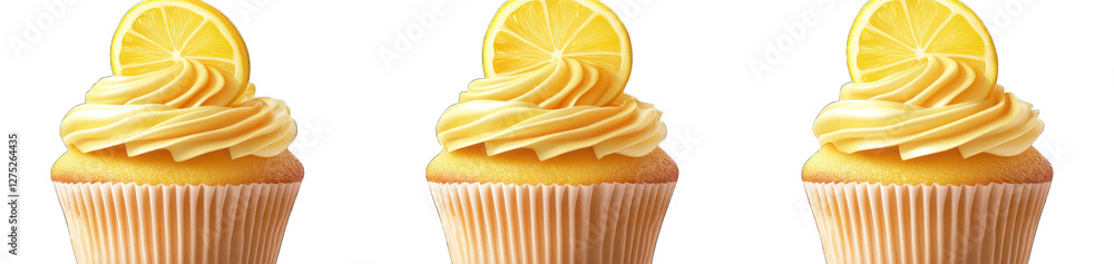 Poster set of lemon cupcakes with zesty icing swirl and candied lemon slice top side partial bite isolated 