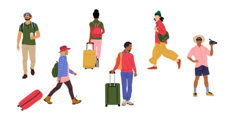 Set of different tourist Characters, men and women with Suitcases And Bags, camera, coffee cup walking side, front, back, rear view. Concept for Travel and vacation. Cartoon People Vector Illustration