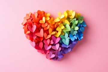 Rainbow paper hearts forming heart, pink background, Valentine's Day card