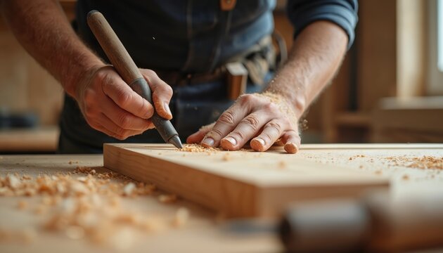 Close-up shot of carpenter marking wood board with scriber tool onsite. Craftsman creates custom cabinetry, woodworking in carpenter shop. Artisanal skill, attention detail during luxury residential