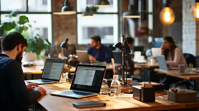 A modern workspace with individuals focused on their laptops in a collaborative environment.