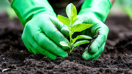 Hands planting sapling in rich soil; blurred background