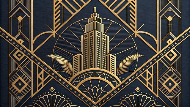 Elegant Art Deco Geometric Pattern in Gold on a Dark Navy Background striking and timeless Art Deco-inspired pattern featuring intricate geometric designs in radiant gold against a deep navy blue