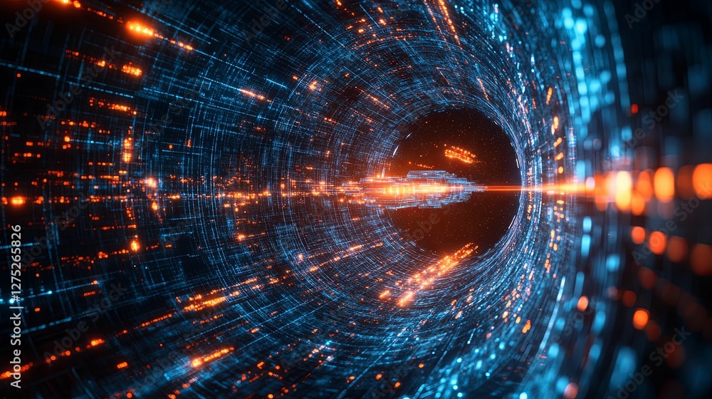 Poster abstract digital tunnel of light and data streams