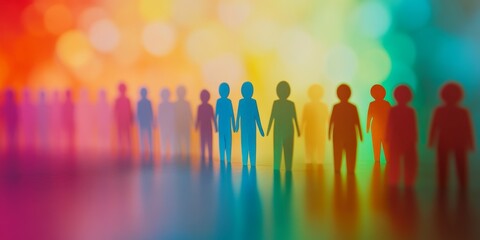 Colorful paper people line up, bokeh background, unity concept