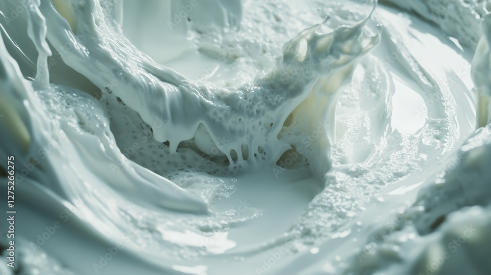 Poster close-up of swirling milk creating dynamic patterns in a bowl, emphasizing texture and movement