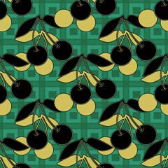 Seamless retro abstract pattern with cherries on ornamental