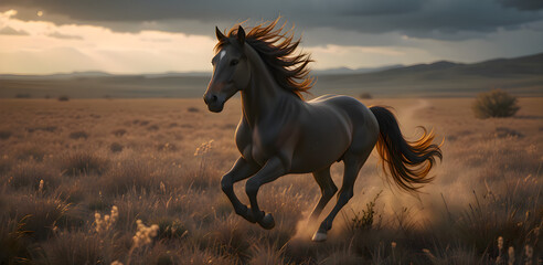 A black horse sprints across a sunlit meadow, showcasing strength and freedom.
