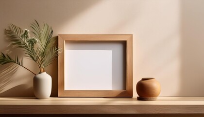 Beige Wall Minimalism Modern Wooden Frame Empty Canvas, Highlighting Elegant Simplicity and Infinite Potential