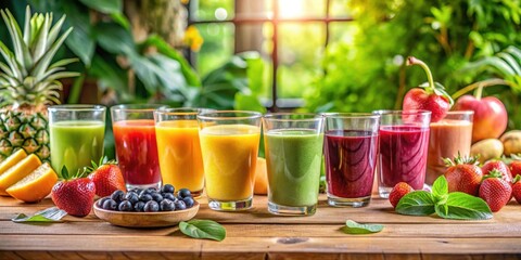 Fototapeta premium A Vibrant Collection of Refreshing Fruit Smoothies in Glasses, Arranged on a Wooden Table with Fresh Fruit and Greenery