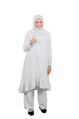 Smiling Woman in White Hijab Giving a Thumbs-Up Gesture