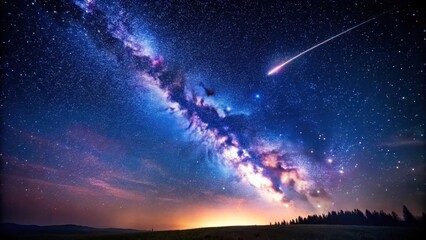 Fototapeta premium Night Sky Panorama Majestic Milky Way Galaxy Arching Over a Serene Landscape with a Shooting Star