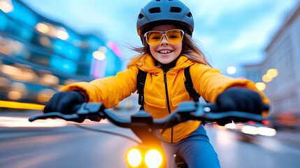 Happy girl biking city night lights commute