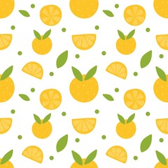 Seamless fruit pattern with pears, apples, lemons, and leaves in a colorful design