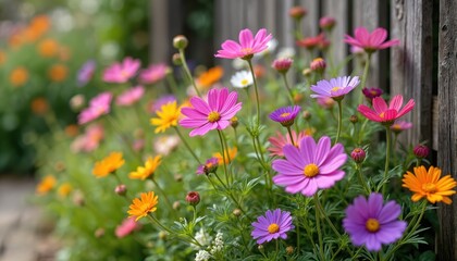 Fototapeta premium Charming garden featuring colorful flowers and rustic fence. Blooming cosmos flowers in shades of pink, purple, orange add vibrant touch to backyard decor. Summer flowerbed