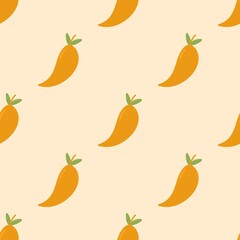 Seamless fruit and vegetable pattern with various healthy food icons including tomatoes, carrots, peppers, 