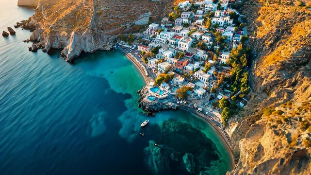 Stunning aerial view of Pollonia town on Milos island showcasing serene beaches and clear waters, Aerial view of Pollonia town of Milos island in Greece