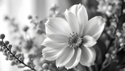 Elegant White Flower Close-up in Monochrome with Delicate Berries