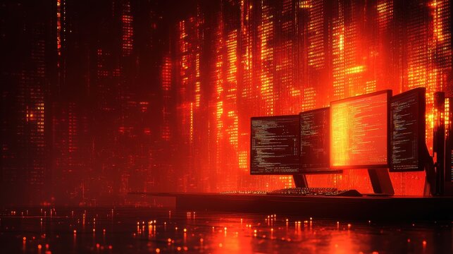 Dark Cyber Environment with Multiple Monitors Displaying Code