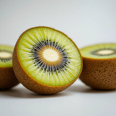 Macro shot of a vibrant kiwi, showcasing exquisite texture, crisp detail, and freshness against a pure white backdrop