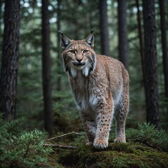 Fototapeta premium A lynx gracefully moving through a dense pine forest.