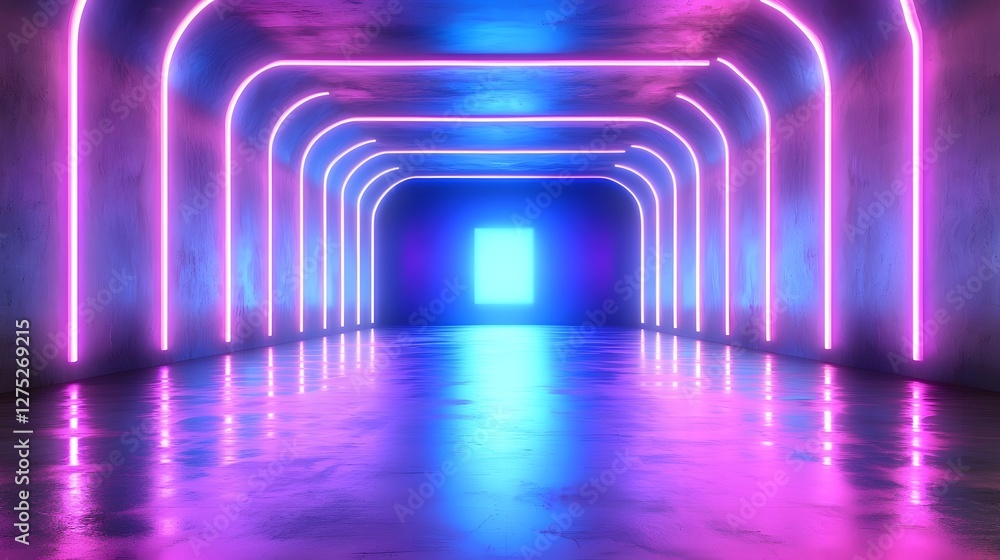 Poster Dramatic and Immersive Neon Light Tunnel with Smooth Reflective Surfaces and Powerful Glowing Portal at the Center Creating a Futuristic and Surreal Atmosphere