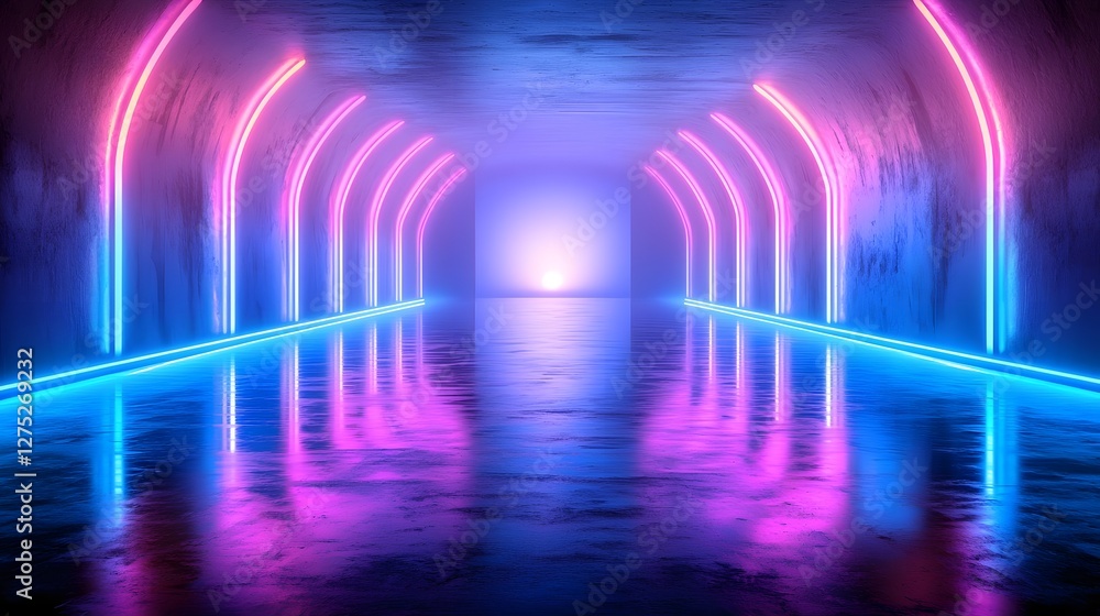 Poster immersive and captivating neon light tunnel with smooth reflective surfaces amplifying the brillianc