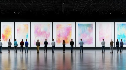 Diverse Crowd Viewing Abstract Pastel Paintings in Modern Art Gallery