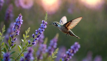 Fototapeta premium Hummingbird in Flight Near Purple Flowers at Sunset
