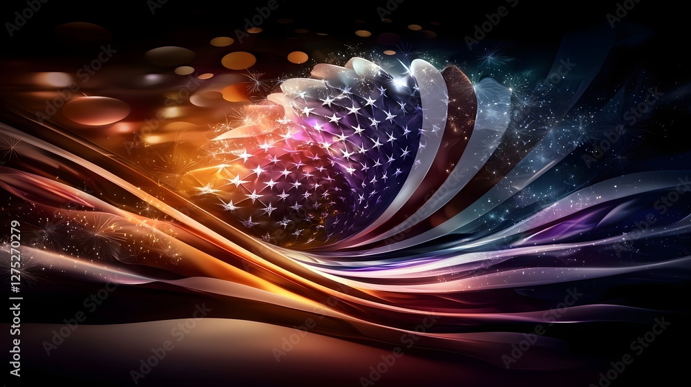 Poster Shimmering American flag waves with an elegant polished texture and festive design creating an immersive and stunning promotional backdrop for the 2025 Presidential