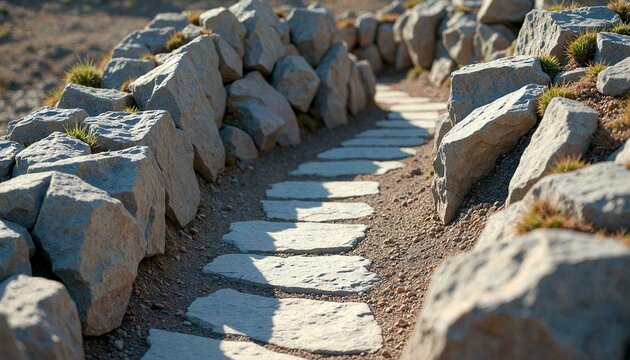 Winding stone path through rocky grassland