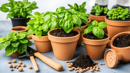 Herb gardening Potted basil, mint, and soil