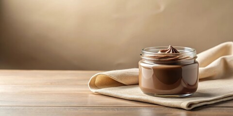Obraz premium A delectable chocolate spread, artistically swirled, sits in a clear glass jar atop a rustic wooden surface, partially draped with a neutral-toned fabric, ready for indulgence.