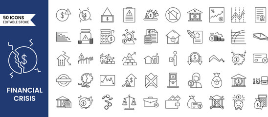 Financial Crisis icon set in line style. crisis, risk, strategy, calculating, bankruptcy, finance and more. Vector illustration