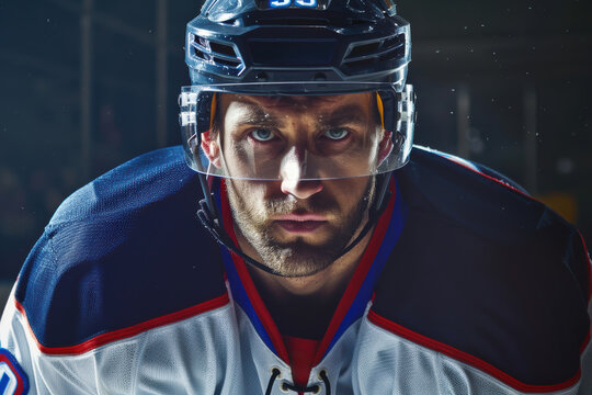 male ice hockey player is shown up close in full gear, his focused expression perfect for advertising sports equipment and safety gear.