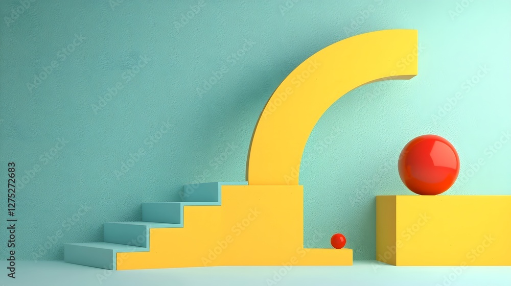 Poster A surreal and minimalist scene showcasing bold geometric staircases in vibrant contrasting colors with perfectly placed red spheres adding depth balance