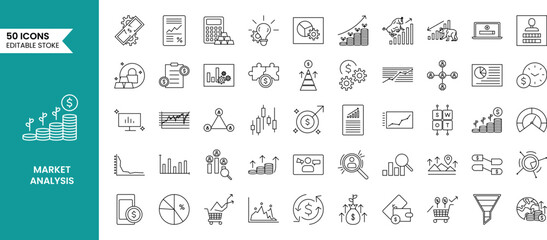 Market Analysis icon set in line style. Containing analyzing, planning, strategy, research, brainstorming, business plan and more. Vector illustration