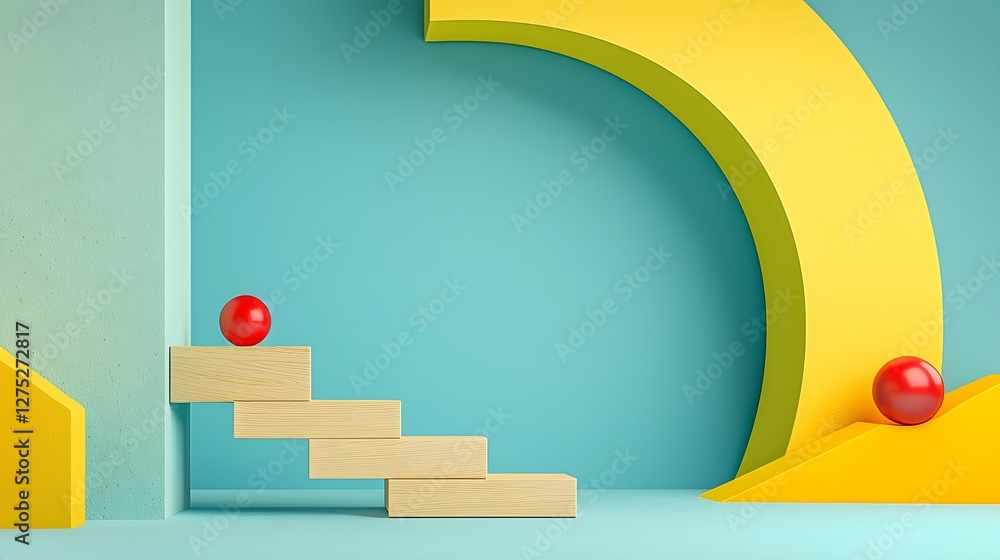 Poster surreal and futuristic scene featuring a captivating arrangement of colorful geometric stairs in an 