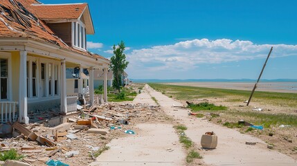 Obraz premium Urban land pollution threatens sustainability. Abandoned house on a deserted path by a serene lake under a clear sky.