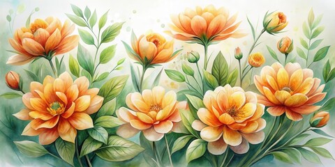 A vibrant watercolor painting of a lush arrangement of large, delicate, amber-hued blossoms, accented by verdant foliage and subtle light effects, creating a serene and elegant floral composition.