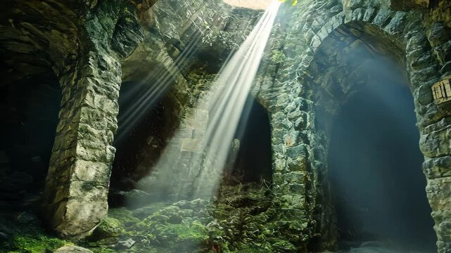Exploring enchanted ruins with mystical light shining through cave openings, Enchanted Ruins stapes on cave video background Seamless ing time-lapse quality
