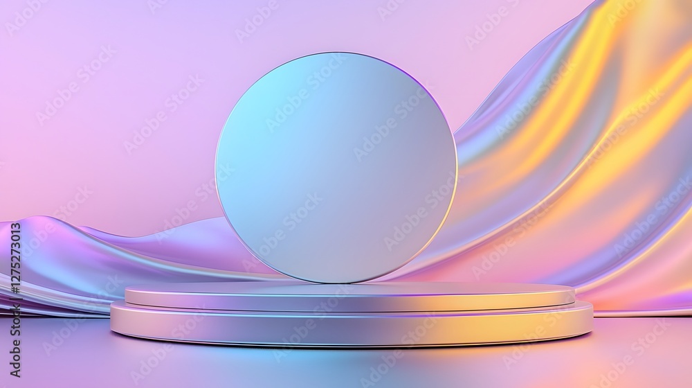 Poster Futuristic abstract scene featuring a sleek metallic pedestal set on a smooth curving background in soft pastel hues bathed in vibrant gradient lighting to create a modern and elegant atmosphere