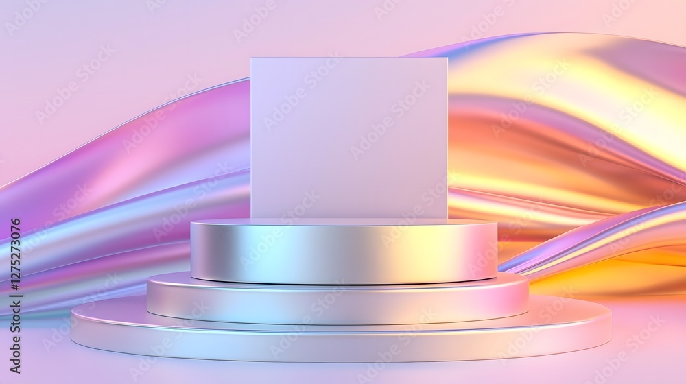 Leinwandbilder Glowing Metallic Pedestal in Serene Pastel Hued Surreal Abstract Setting  A sophisticated and futuristic backdrop with fluid gradient lighting and a polished platform in a minimalist