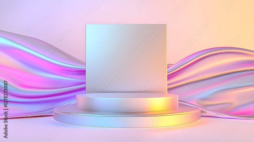 Poster a surreal and visionary abstract setting featuring a polished metallic pedestal glowing under fluid 