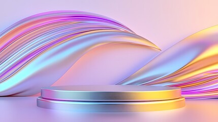 A futuristic abstract scene featuring a sleek metallic pedestal bathed in vibrant gradient lighting set against a smooth curving background in soft pastel hues